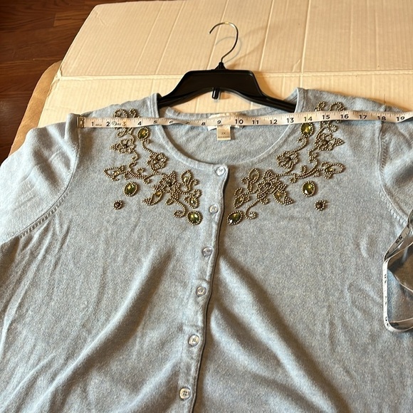 Christopher& Banks-2X-blue-button up, 3/4 sleeve, embellished, cardigan sweater. - Picture 10 of 12